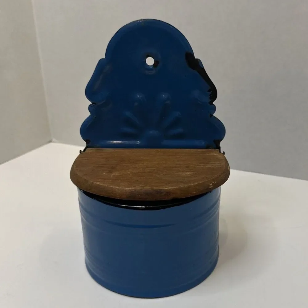 Vtg Polish Enamelware Salt Box Blue Wall Hanging Cellar Wooden Lid Huta Silesia